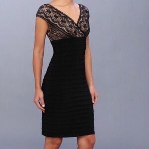 ADRIANNA PAPELL LACE TIERED STRETCH SHEATH DRESS 12P BLACK / NUDE